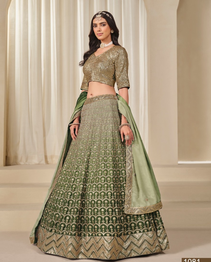 1081-green - Embroidered Work Chinon Designer Lehenga Choli in Olive for Women